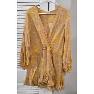 Island Blue Womens M Cover-Up Dress Floral Faux Wrap Khaki Gold Ruffle Tassels
